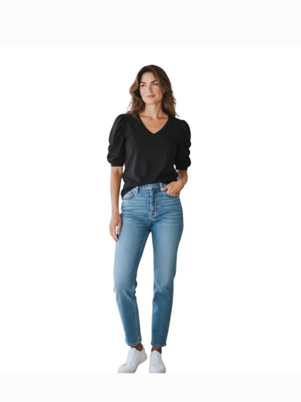 7 For All Mankind V-Neck Puff Sleeve Knot Twist Cuff Shortsleeve Tee Black L